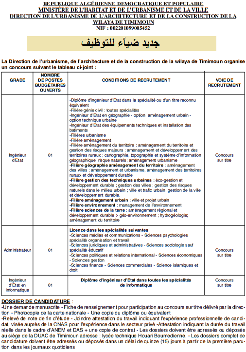 اعلان توظيف بولاية تيميمون اعلان عن توظيف بمديرية التعمير والهندسة المعمارية والبناء لولاية تيميمون