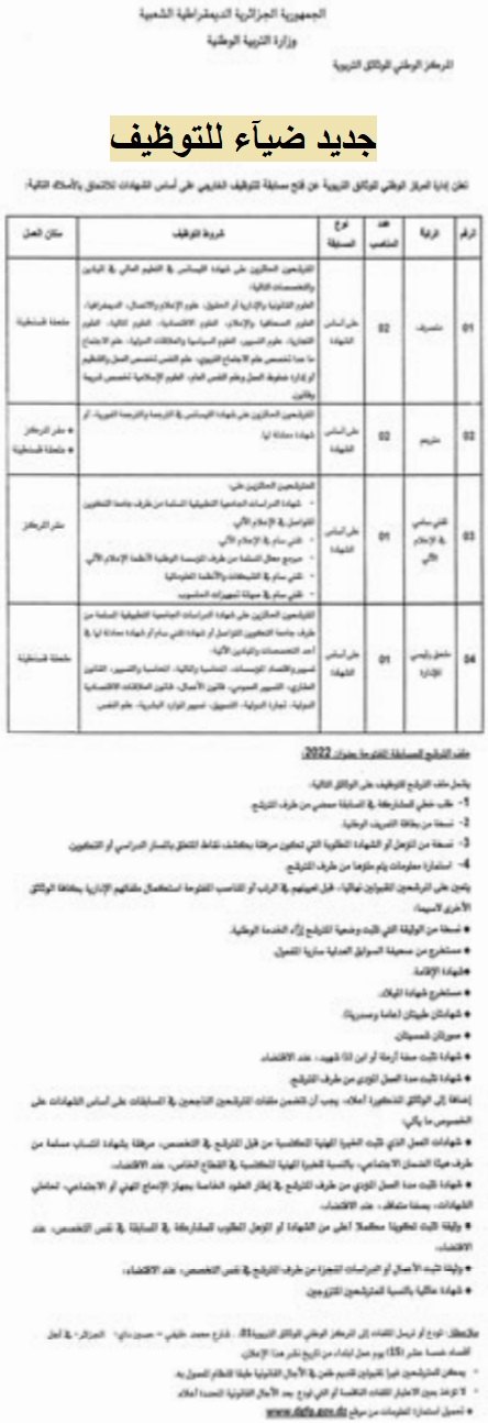 اعلان توظيف بولاية الجزائر وقسنطينة اعلان عن توظيف بالمركز الوطني للوثائق التربوية بولاية الجزائر وقسنطينة